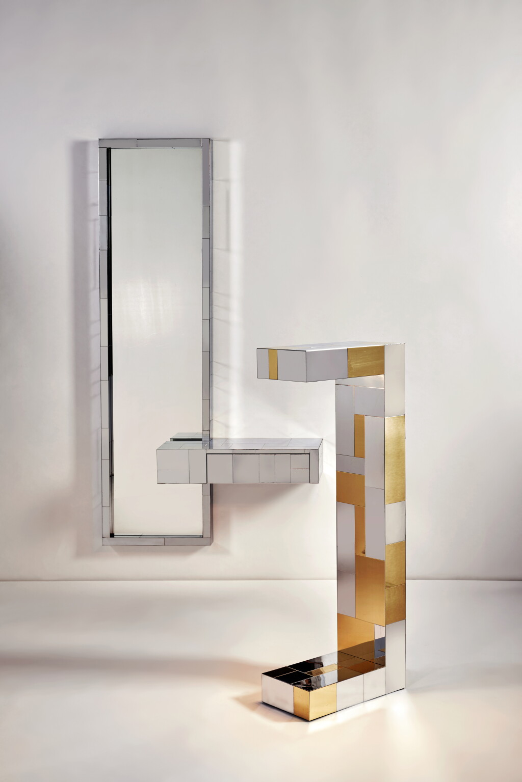 View full screen - View 1 of Lot 109. "Cityscape" Wall Console, Mirror and Floor Lamp.