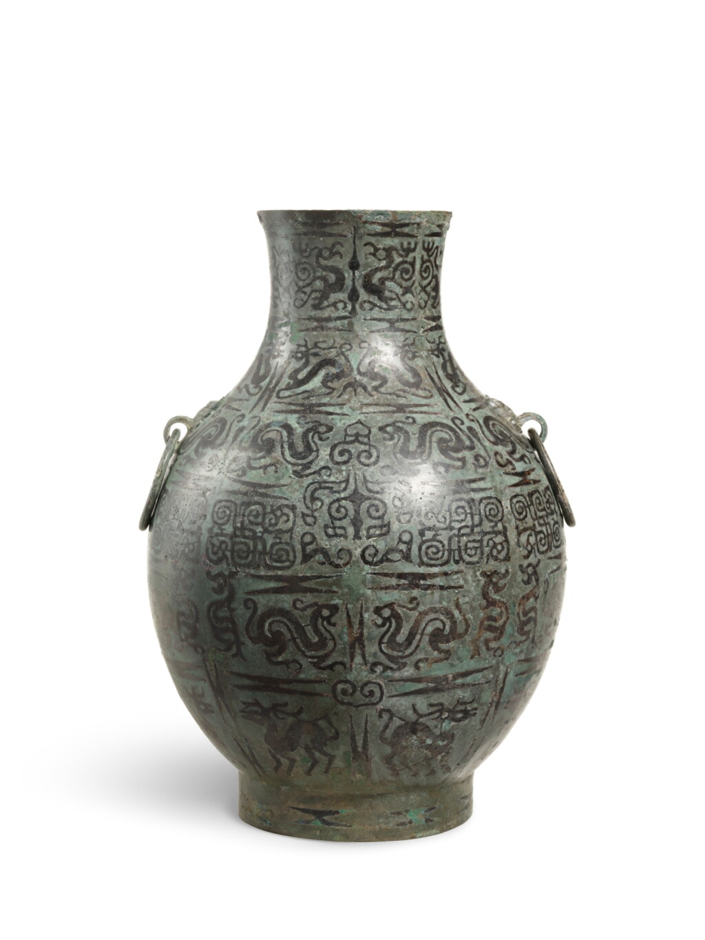 View full screen - View 1 of Lot 5112. A copper-inlaid bronze ritual wine jar, hu, Eastern Zhou dynasty | 東周 青銅嵌紅銅獸紋鋪首活環耳壺.