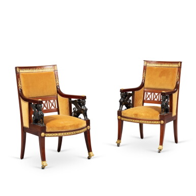 View full screen - View 1 of Lot 455. A pair of Empire patinated and gilt-bronze mounted mahogany "sphinges" armchairs, circa 1805, by François-Honoré Jacob and Georges II Jacob | Paire de fauteuils aux sphinges en acajou et montures de bronze patiné et doré d'époque Empire, vers 1805, par François-Honoré Jacob et Georges II Jacob.