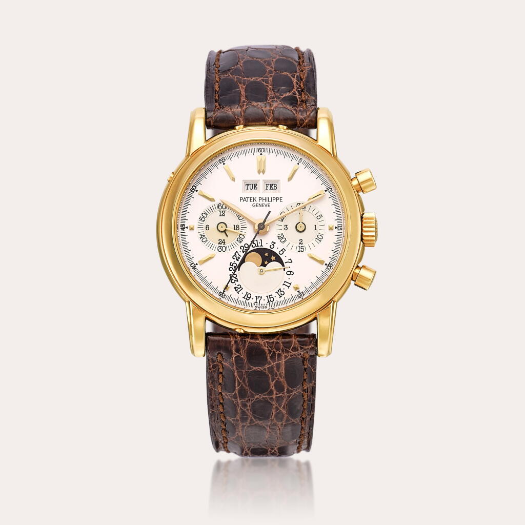 View full screen - View 1 of Lot 2273. Reference 3970E, 2nd and 3rd Transitional Series | A yellow gold perpetual calendar chronograph wristwatch with moon phases, 24 hours and leap year indication, Circa 1991.