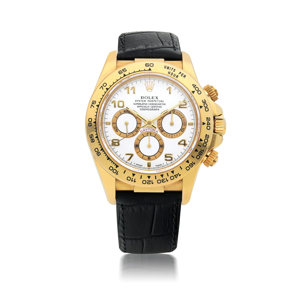View full screen - View 1 of Lot 413. ROLEX | 'ZENITH' DAYTONA, REF 16518 A YELLOW GOLD AUTOMATIC CHRONOGRAPH WRISTWATCH WITH REGISTERS CIRCA 2000.