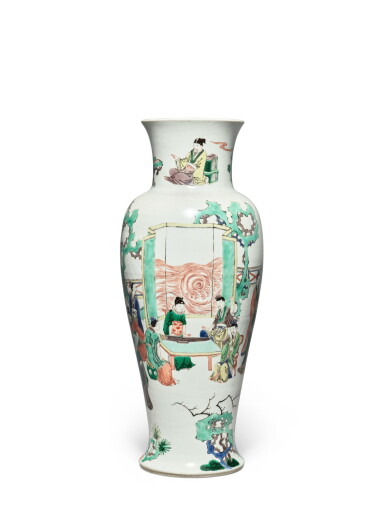 View full screen - View 1 of Lot 239. A famille-verte 'scholars' vase, Qing dynasty, Kangxi period | 清康熙 五彩文會圖觀音尊 《大明成化年製》仿款.