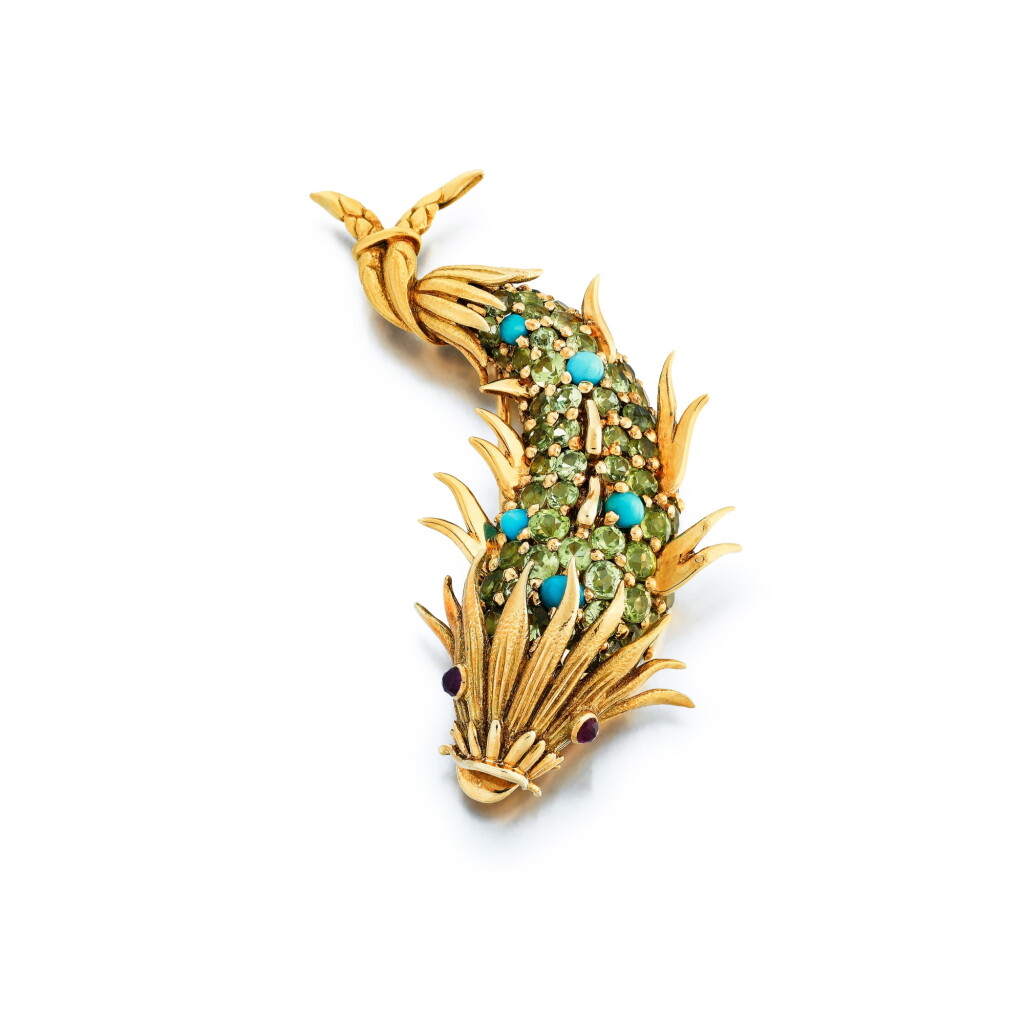 View full screen - View 1 of Lot 12. Peridot, Turquoise and Ruby Brooch.