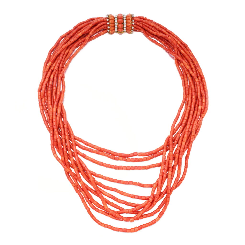 View full screen - View 1 of Lot 164. Coral and Diamond Necklace.