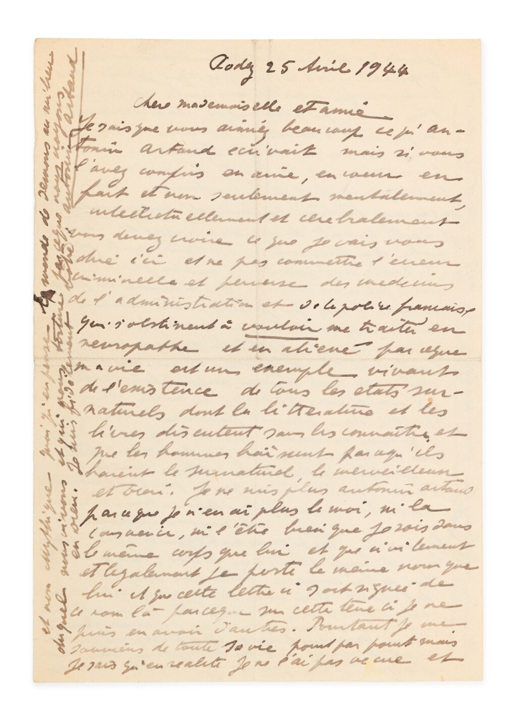 View full screen - View 1 of Lot 10. Étonnante lettre autographe signée à Adrienne Monnier. Rodez, 25 avril 1944. "Je ne suis plus Antonin Artaud"..