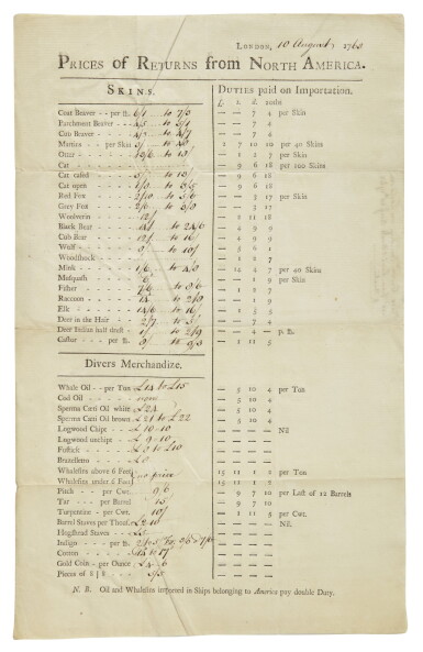 View full screen - View 1 of Lot 41. (FUR TRADE) A pair of documents regarding the trade of animal skins in Pittsburgh, and other Pennsylvania settlements, dated 1771 .