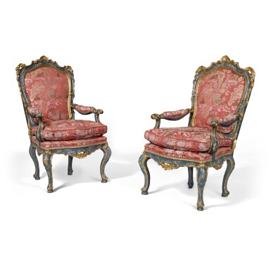 View full screen - View 1 of Lot 26. A Pair of Venetian Rococo Parcel-Gilt Painted Armchairs, Circa 1750 .