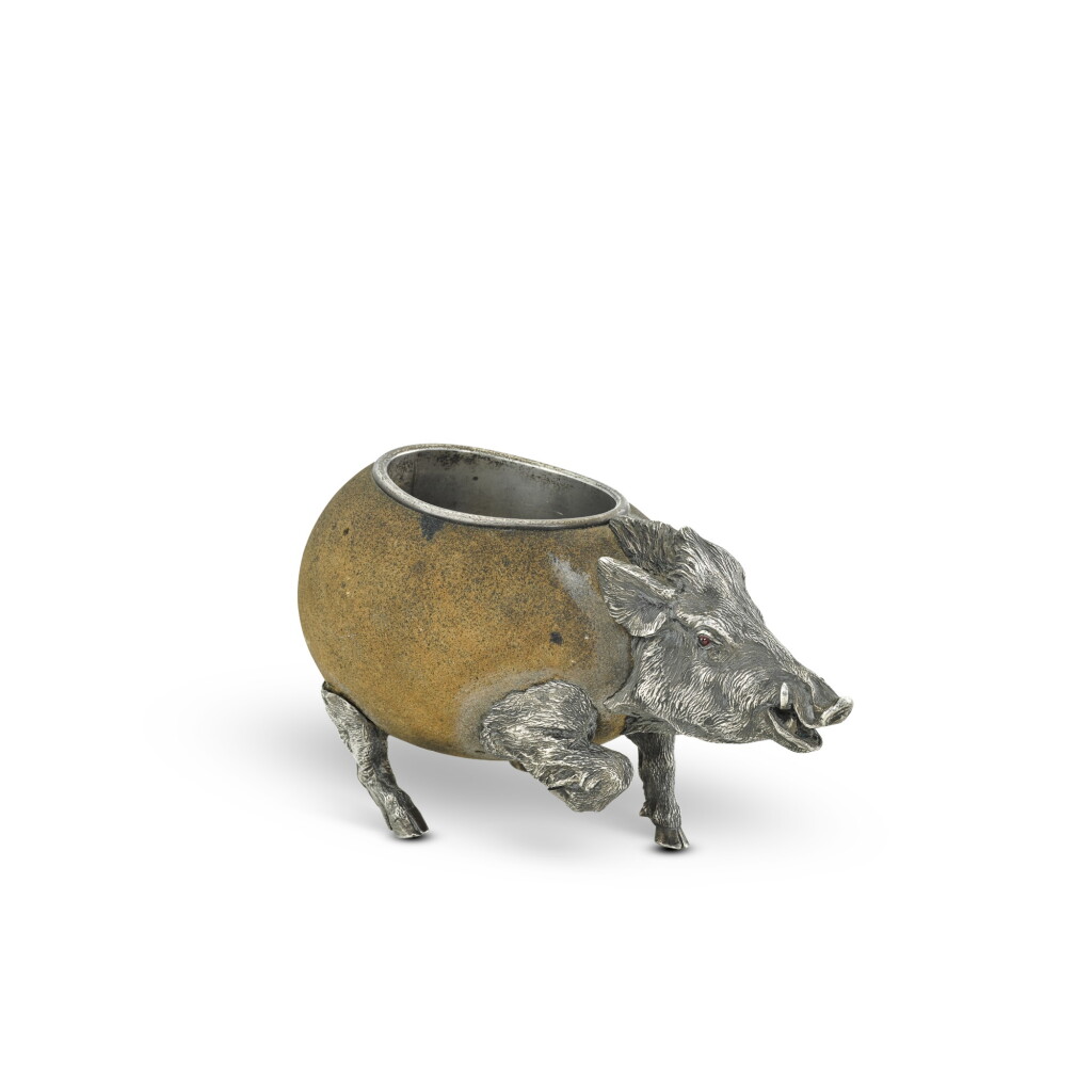 View full screen - View 1 of Lot 229. A Fabergé gem-set silver-mounted sandstone matchstick holder and strike in the form of a boar, Moscow, 1894.