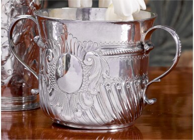 View full screen - View 1 of Lot 67. A QUEEN ANNE SILVER CAUDLE CUP, ROBERT TIMBRELL, LONDON, 1708.