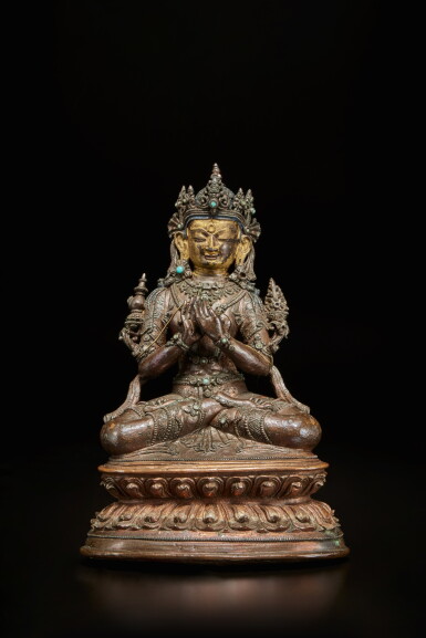 View full screen - View 1 of Lot 631. A copper and silver-inlaid copper alloy figure of Maitreya, Tibet, 15th / 16th century.