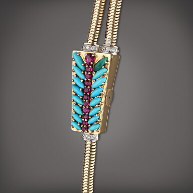 View full screen - View 1 of Lot 97. Retailed by Cartier: A yellow gold and diamond, rubies and turquoise-set trapeze-shaped concealed bracelet watch, Made in 1944.