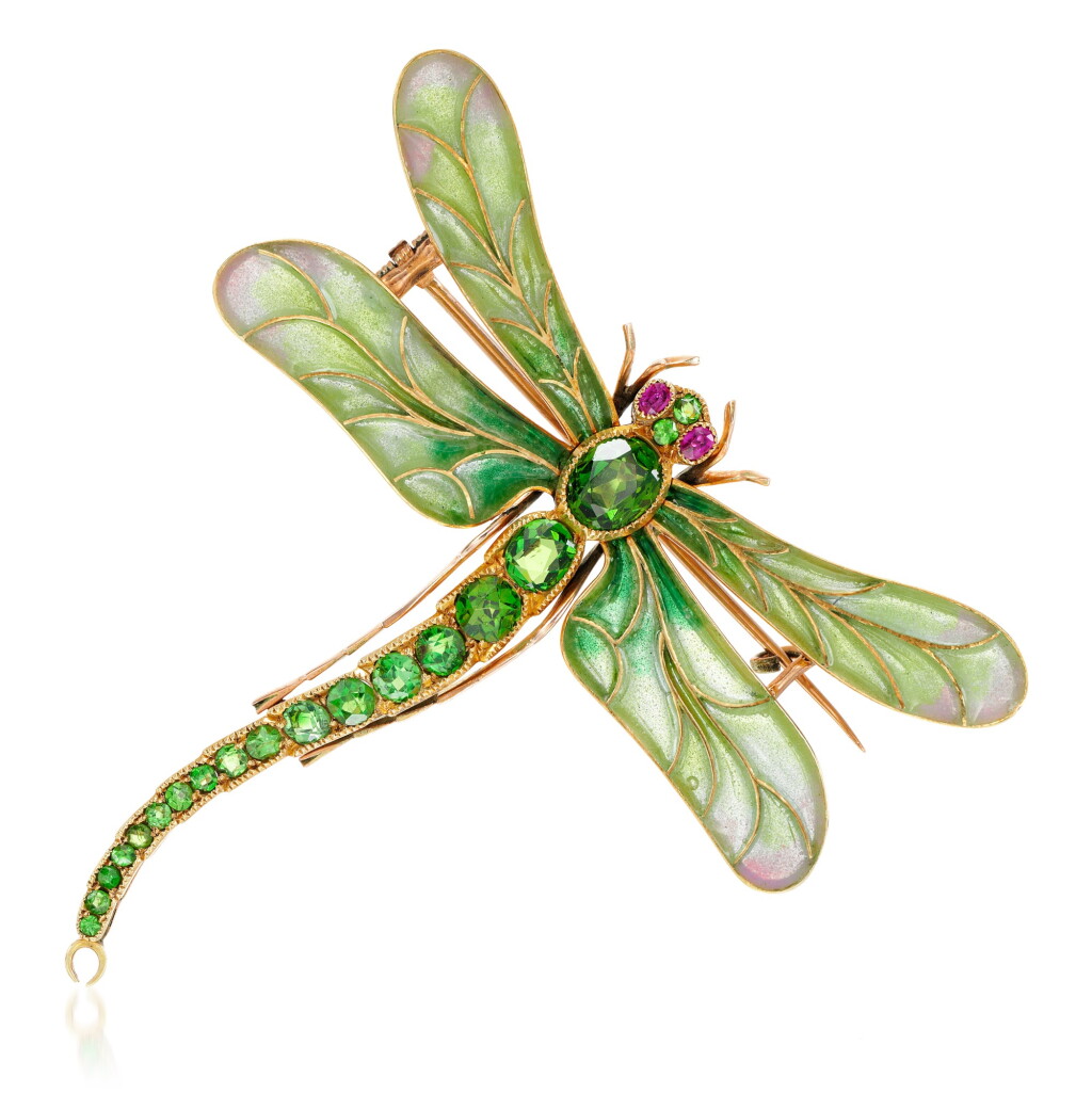 View full screen - View 1 of Lot 55. Tsavorite garnet, ruby and enamel brooch.