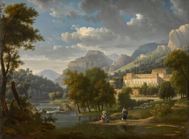 View full screen - View 1 of Lot 60. Romantic Italianate landscape with figures, sheep and cattle in the foreground.