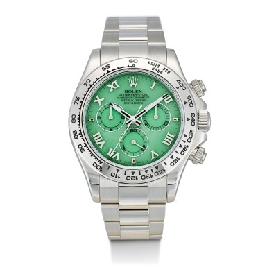 View full screen - View 1 of Lot 164. ROLEX | COSMOGRAPH DAYTONA, REFERENCE 116509H, A WHITE GOLD CHRONOGRAPH WRISTWATCH WITH GREEN CHRYSOPRASE DIAL AND BRACELET, CIRCA 2015.