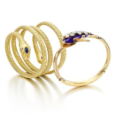View full screen - View 1 of Lot 100. Opal, ruby and enamel bangle, 1850s, and sapphire bracelet.