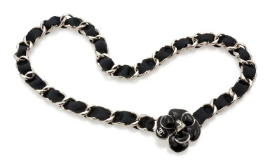 View full screen - View 1 of Lot 27. BLACK FABRIC AND SILVER-TONE CHAIN BELT, CHANEL.