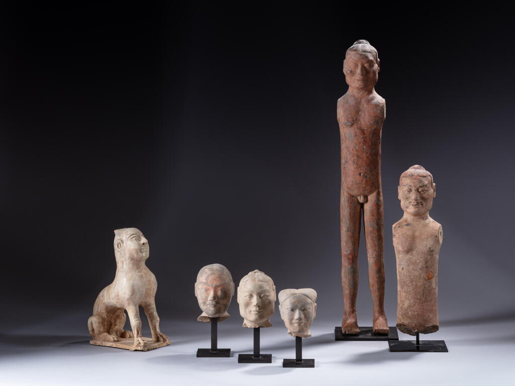 View full screen - View 1 of Lot 247. A group of five terracotta figures and heads, Han dynasty and later.