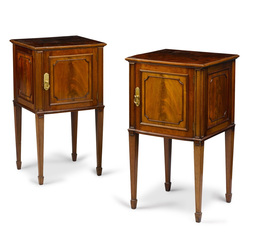 View full screen - View 1 of Lot 18. A pair of George III style mahogany bedside cupboards by Howard & Sons, circa 1900.