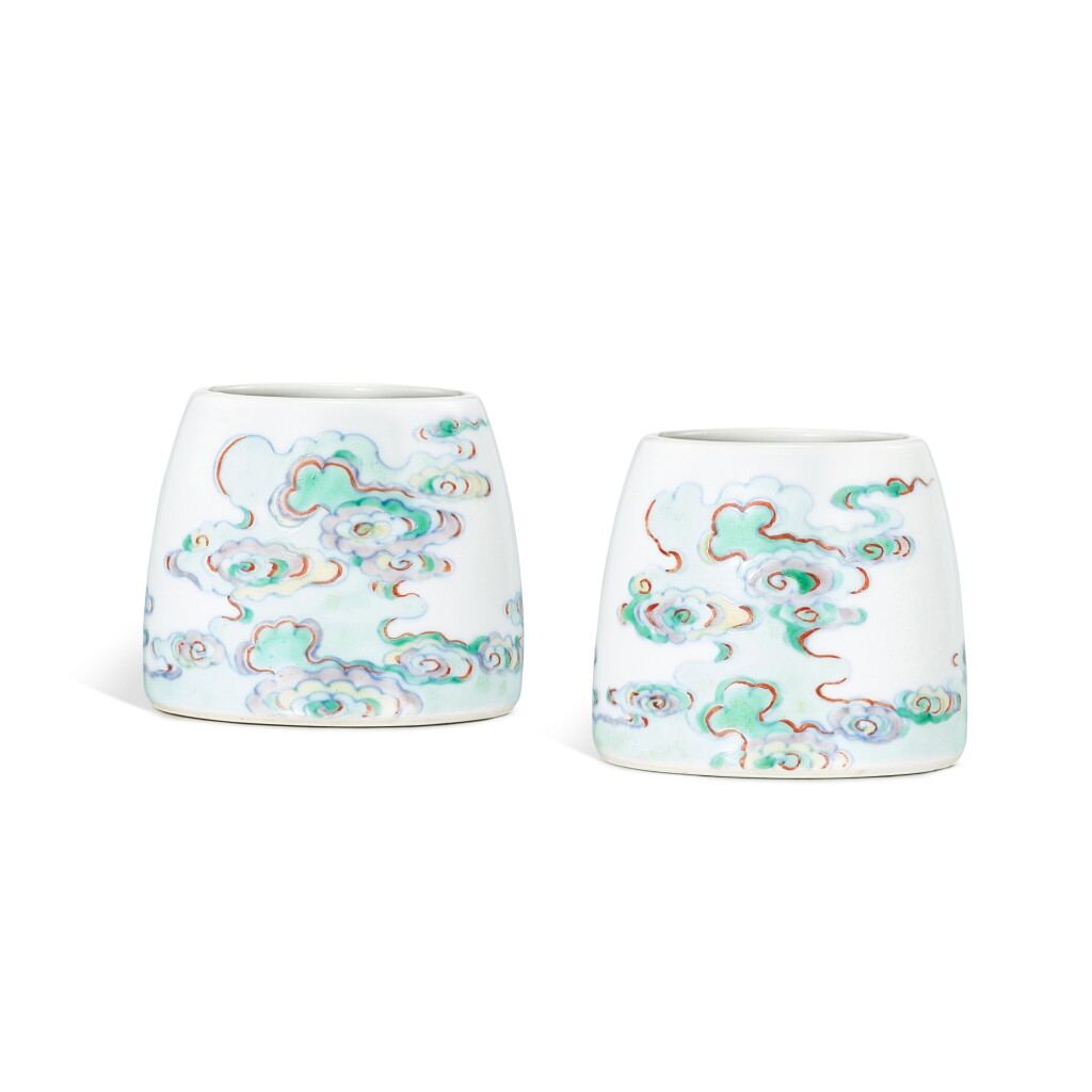 View full screen - View 1 of Lot 3728. A pair of exceptionally rare doucai waterpots, Marks and period of Yongzheng | 清雍正 鬪彩五色祥雲紋馬蹄式水丞一對 《大清雍正年製》款.