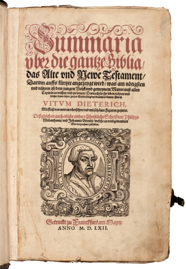 View full screen - View 1 of Lot 104. Dietrich, Summaria uber die gantze Biblia, Frankfurt, 1562, contemporary pigskin.