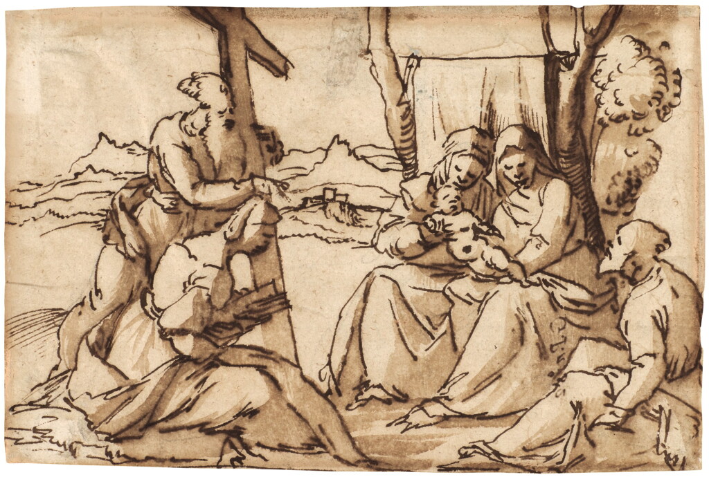 View full screen - View 1 of Lot 7. Madonna and Child with St. Anne, St. Joseph seated to the right, and two other Saints to the left .