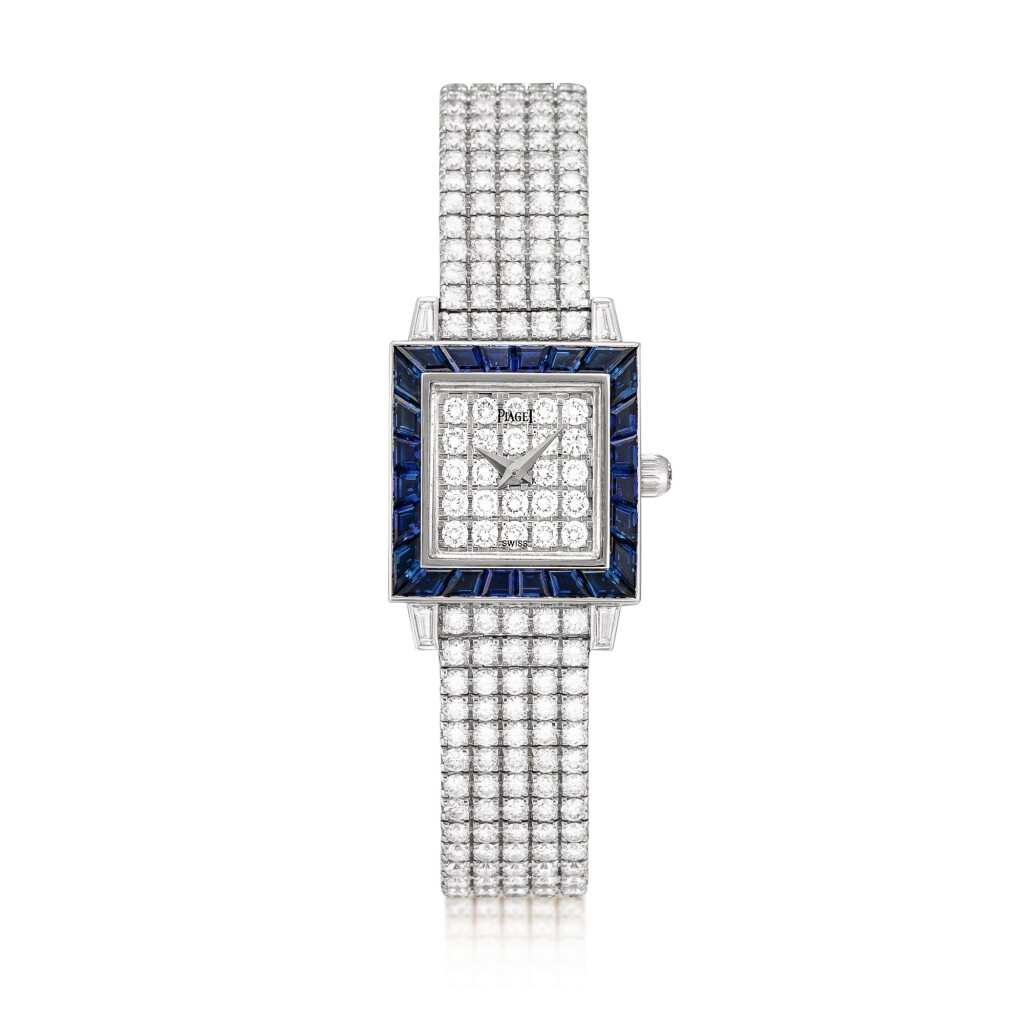 View full screen - View 1 of Lot 2043. Piaget | Reference 5072 C626, A white gold, diamond and sapphire-set bracelet watch, Circa 1998 | 愛彼 | 型號5072 C626 白金鑲鑽石及藍寶石鏈帶腕錶,約1998年製.