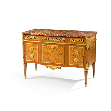 View full screen - View 1 of Lot 4. A late Louis XV gilt-bronze mounted natural and tinted holly marquetry, amaranth and tulipwood commode, circa 1770, stamped by Charles Topino.