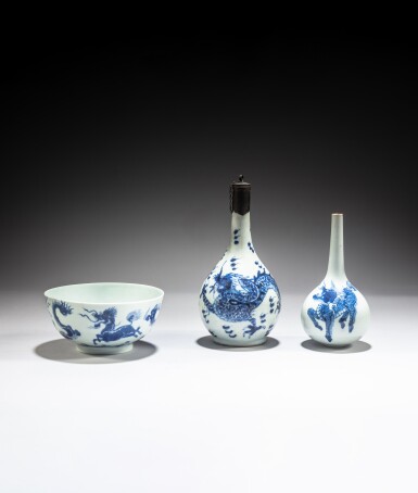 View full screen - View 1 of Lot 263. A group of three blue and white 'dragon and qilin' wares, China for the Vietnamese court, 19th century.