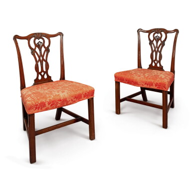 View full screen - View 1 of Lot 601. A PAIR OF GEORGE III MAHOGANY SIDE CHAIRS, CIRCA 1765.