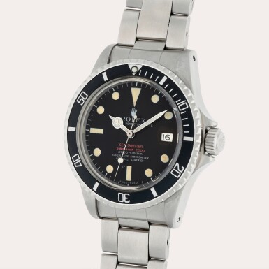 View full screen - View 1 of Lot 81. Sea-Dweller 'Double Red Patent Pending', Reference 1665 | A stainless steel wristwatch with tropical dial, date, bracelet and helium escape valve | Circa 1969.