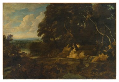 View full screen - View 1 of Lot 83. ROELANT ROGHMAN | AN EXTENSIVE LANDSCAPE WITH FIGURES ALONG A PATH.