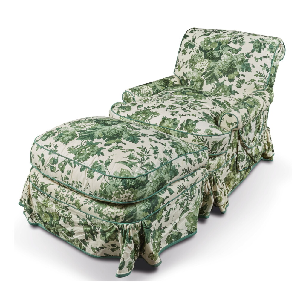 View full screen - View 1 of Lot 925. A GREEN AND WHITE UPHOLSTERED CHAIR AND OTTOMAN.