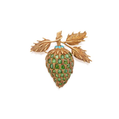 View full screen - View 1 of Lot 482. Schlumberger for Tiffany & Co. | Gold, Demantoid Garnet and Turquoise Clip-Brooch.