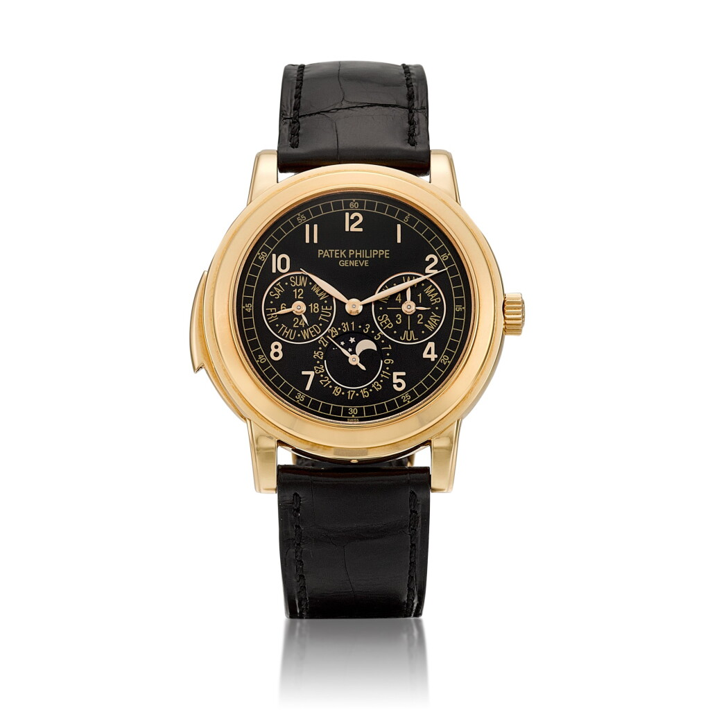 View full screen - View 1 of Lot 2303. Reference 5074 | A pink gold minute repeating perpetual calendar wristwatch with cathedral gongs, day, date, moon phases, 24 hours and leap year indication, Circa 2008 | 百達翡麗 | 型號 5074 | 粉紅金三問萬年曆腕錶,備大教堂音簧、日期、星期、月相、24小時及閏年顯示,約2008年製.
