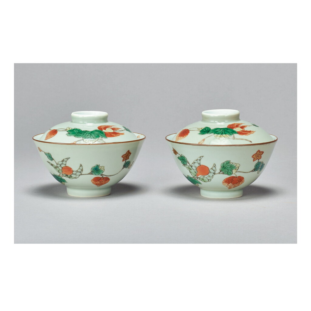 View full screen - View 1 of Lot 121. A PAIR OF CELADON-GROUND FAMILLE-VERTE 'FRUIT' BOWLS AND COVERS, KANGXI MARKS AND PERIOD.