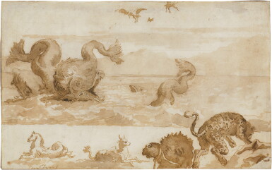 View full screen - View 1 of Lot 170. A sheet of studies including marine monsters, a leopard, the head of a camel and other animals.