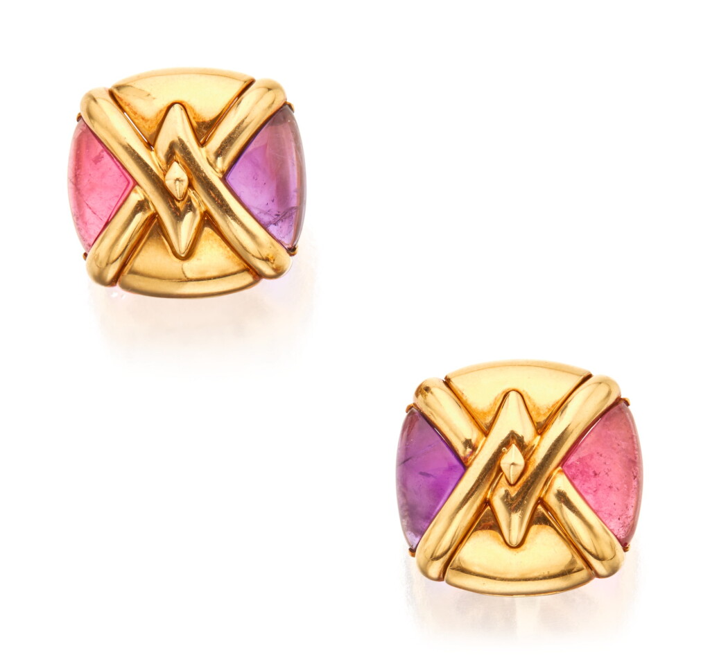 View full screen - View 1 of Lot 127. PAIR OF GOLD, AMETHYST AND TOURMALINE EARCLIPS, BULGARI.