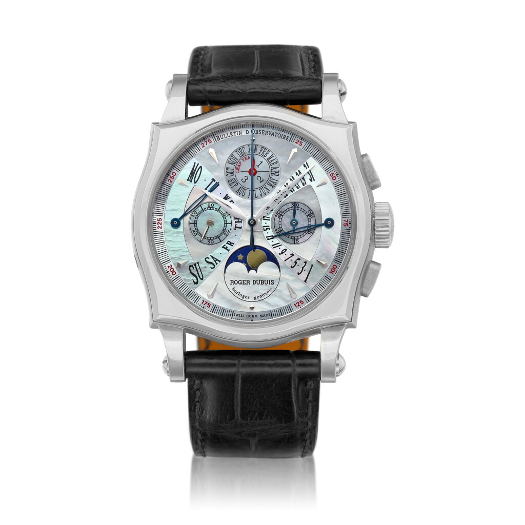 View full screen - View 1 of Lot 2136. Sympathie Bi-Retro Perpetual, Reference S40.5632 | A limited edition white gold perpetual calendar chronograph wristwatch with mother-of-pearl dial, bi-retrograde day and date, leap year indication and moon phases, Circa 2002 | 羅杰杜彼 | Sympathie Bi-Retro Perpetual 型號 S40.5632 | 限量版白金萬年曆計時腕錶,備珠母貝錶盤,雙逆跳星期及日期、閏年及月相顯示,約2002年製.