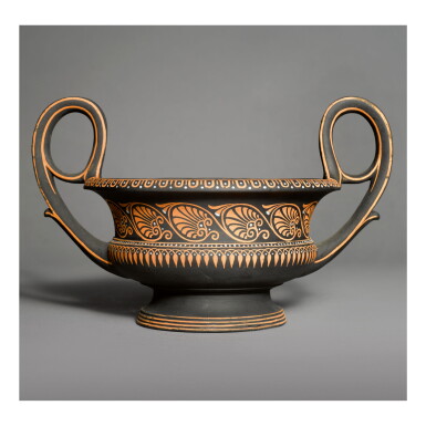 View full screen - View 1 of Lot 126. A WEDGWOOD BLACK BASALT 'ENCAUSTIC'-DECORATED KRATER VASE AND PIERCED COVER CIRCA 1790 .