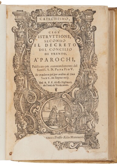 View full screen - View 1 of Lot 99. Council of Trent, Catechismo, Venice, Aldus, 1592, old vellum.