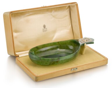 View full screen - View 1 of Lot 13. A Fabergé gold-mounted nephrite kovsh, St Petersburg, 1903-1917.