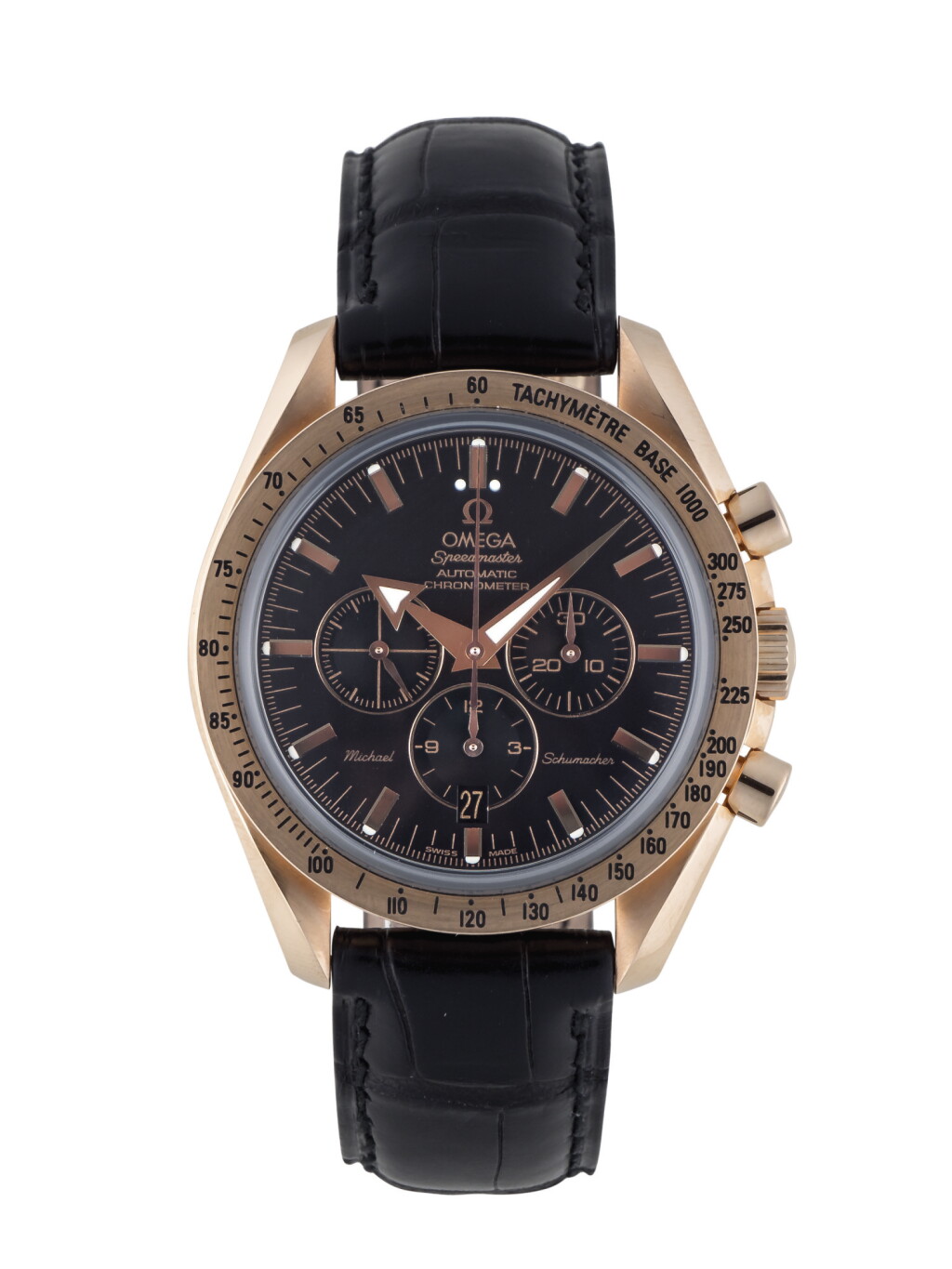 View full screen - View 1 of Lot 12. OMEGA | SPEEDMASTER MICHAEL SCHUMACHER LIMITED EDITION PINK GOLD CHRONOGRAPH WRISTWATCH WITH DATE CIRCA 2003.