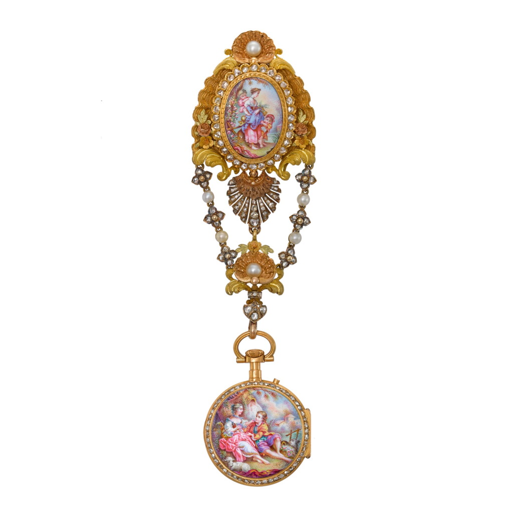 View full screen - View 1 of Lot 1380. A gold, enamel and diamond-set keyless cylinder watch with matching chatelaine Circa 1870, no. 21739.