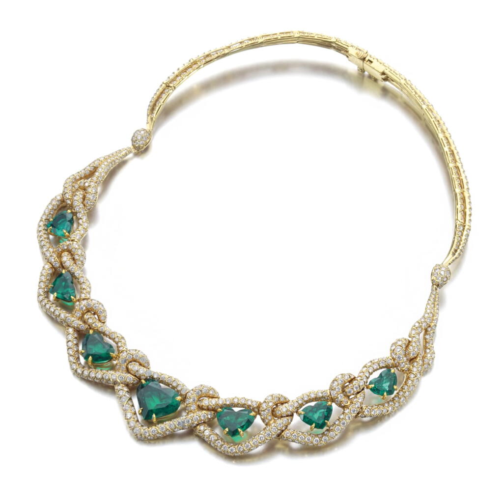 View full screen - View 1 of Lot 341. EMERALD AND DIAMOND NECKLACE.