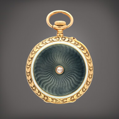 View full screen - View 1 of Lot 413. A yellow gold, enamel and diamond-set open faced keyless watch | Circa 1900 .