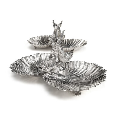 View full screen - View 1 of Lot 34. A Pair of Italian Silver Dolphin Centerpieces, Buccellati, Milan, Modern.