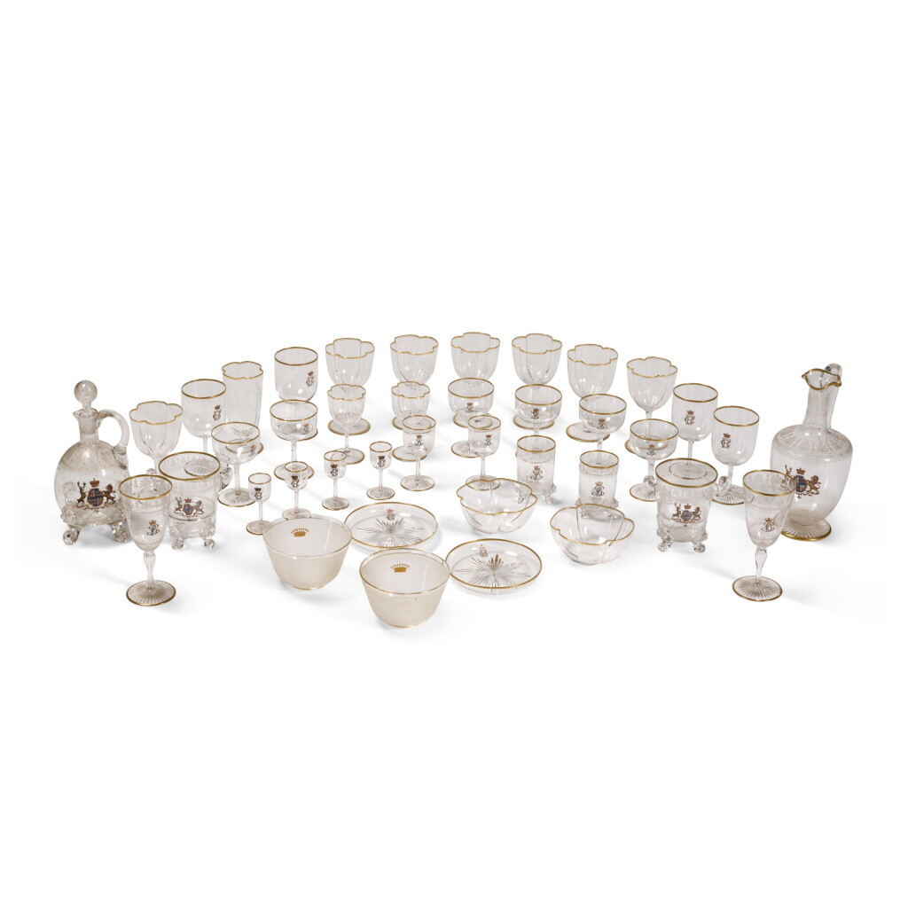 View full screen - View 1 of Lot 40. An enamelled and engraved armorial glass part table service, late 19th century.