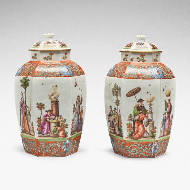 View full screen - View 1 of Lot 79. An extremely rare and probably unique pair of Meissen Augustus Rex hexagonal vases and covers, Circa 1735-40 .