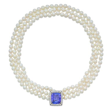 View full screen - View 1 of Lot 350. Cultured Pearl, Tanzanite and Diamond Necklace.