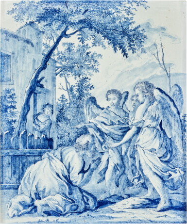View full screen - View 1 of Lot 244. A Dutch Delft Blue and White Large Rectangular Plaque, 'Abraham Kneeling before the Three Angels', Late 18th/19th Century.
